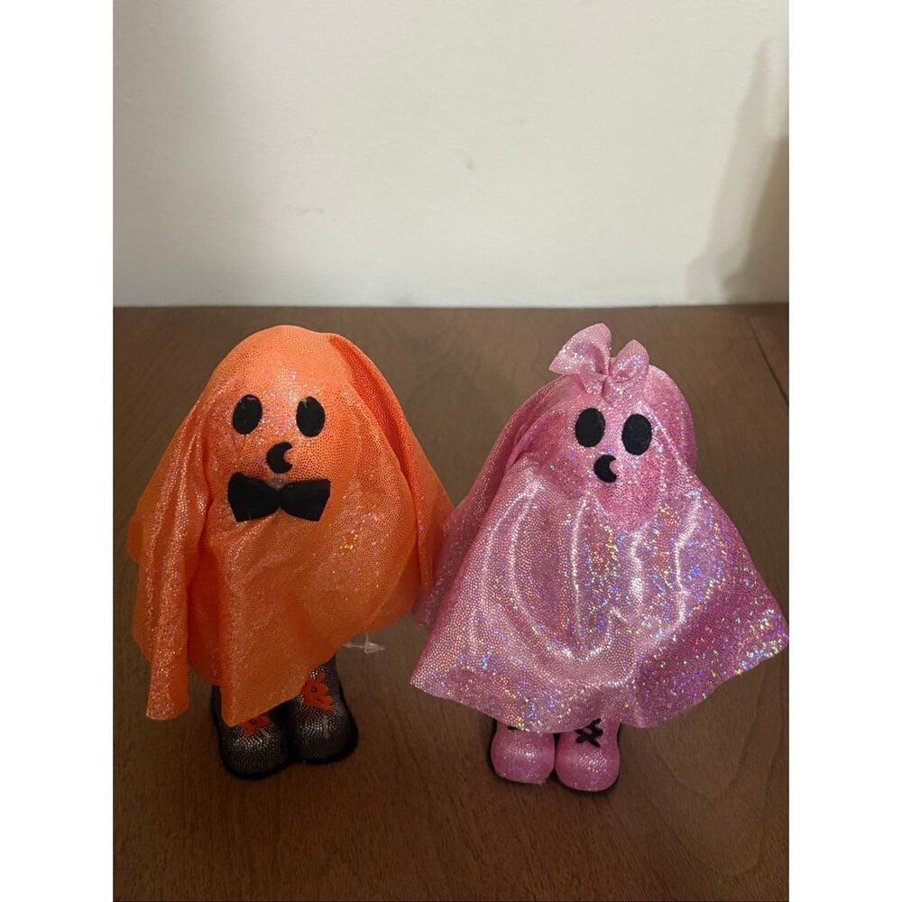 Halloween Ghost Plush Shelf Sitter Sparkly Decor set of 2, pink & orange, nwot
